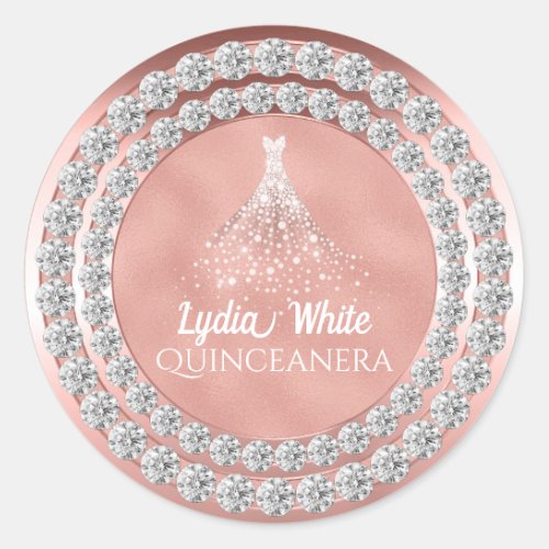 Rose Gold Diamonds Sparkle Dress Quinceanera Classic Round Sticker