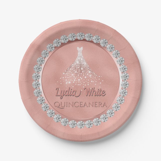 Rose Gold Diamonds Sparkle Dress Quinceanera Paper Plates (Front)