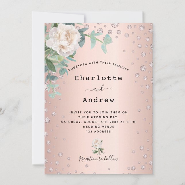 Rose gold diamonds white flowers wedding invitation (Front)