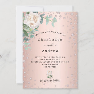 Rose gold diamonds white flowers wedding invitation
