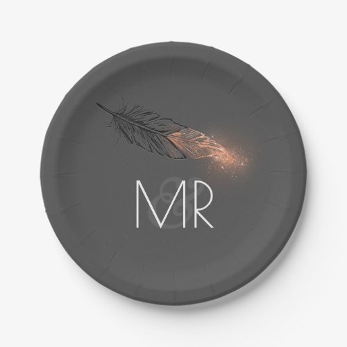 Rose Gold Dipped Feather Elegant Grey Wedding Paper Plates
