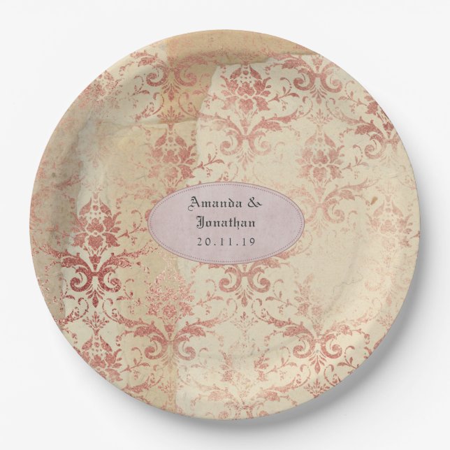 Rose Gold Distressed Damask Wedding Paper Plates (Front)