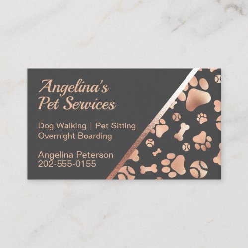 Rose Gold Dog Walker Pet Paw Print Business Card