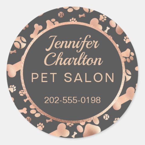 Rose Gold Dog Walker Pet Salon Paw Print Classic Round Sticker