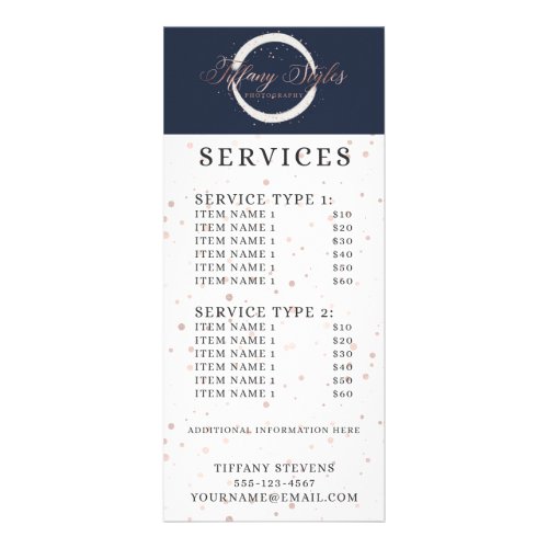 Rose Gold Dots  Navy Blue Company Price List Rack Card