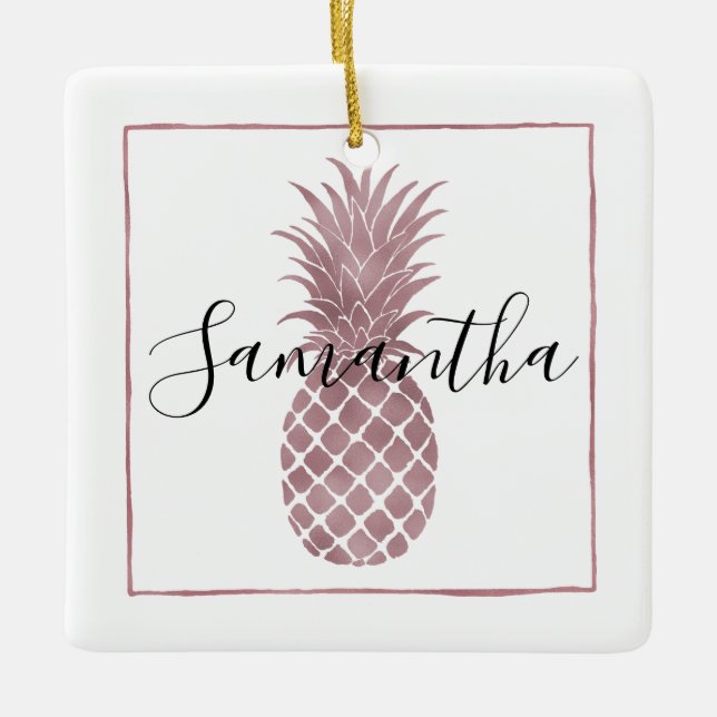 Rose Gold Dots Pineapples Ceramic Ornament (Front)