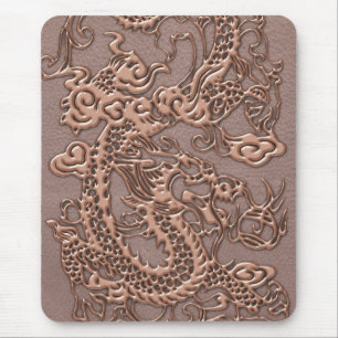 Rose Gold Dragon on Taupe Leather Texture Mouse Pad