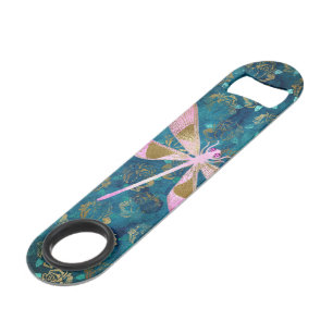 Rose Gold Dragonfly on Turquoise Floral Background Bar Key