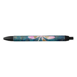 Rose Gold Dragonfly on Turquoise Floral Background Black Ink Pen