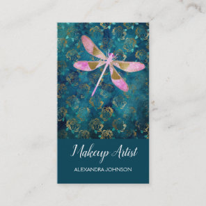 Rose Gold Dragonfly on Turquoise Floral Background Business Card