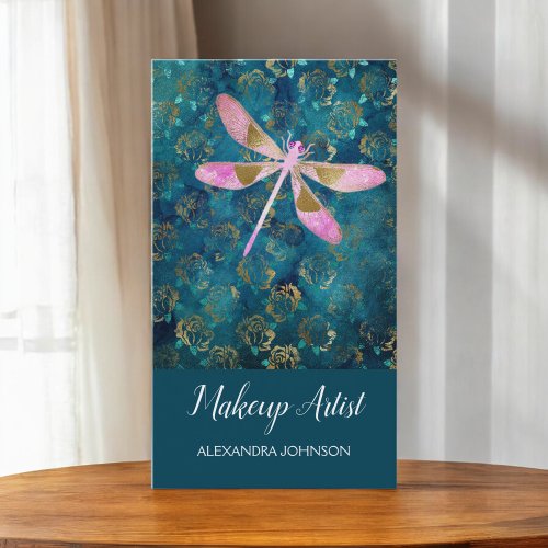 Rose Gold Dragonfly on Turquoise Floral Background Business Card