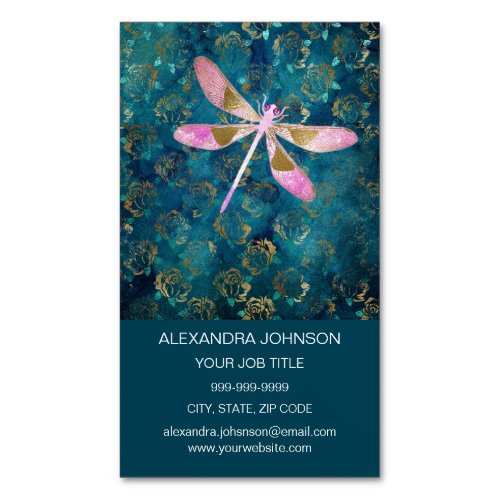 Rose Gold Dragonfly on Turquoise Floral Background Business Card Magnet
