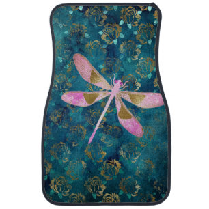 Rose Gold Dragonfly on Turquoise Floral Background Car Floor Mat
