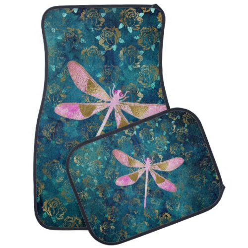 Rose Gold Dragonfly on Turquoise Floral Background Car Floor Mat