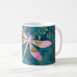 Rose Gold Dragonfly on Turquoise Floral Background Coffee Mug