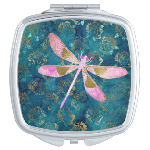 Rose Gold Dragonfly on Turquoise Floral Background Compact Mirror