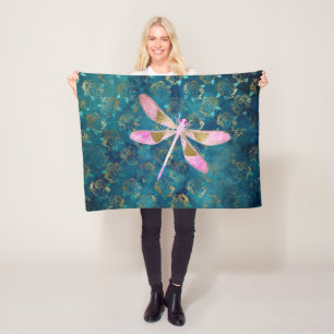 Rose Gold Dragonfly on Turquoise Floral Background Fleece Blanket