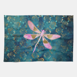 Rose Gold Dragonfly on Turquoise Floral Background Kitchen Towel