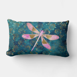 Rose Gold Dragonfly on Turquoise Floral Background Lumbar Pillow