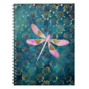 Rose Gold Dragonfly on Turquoise Floral Background Notebook