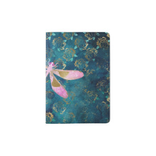 Rose Gold Dragonfly on Turquoise Floral Background Passport Holder