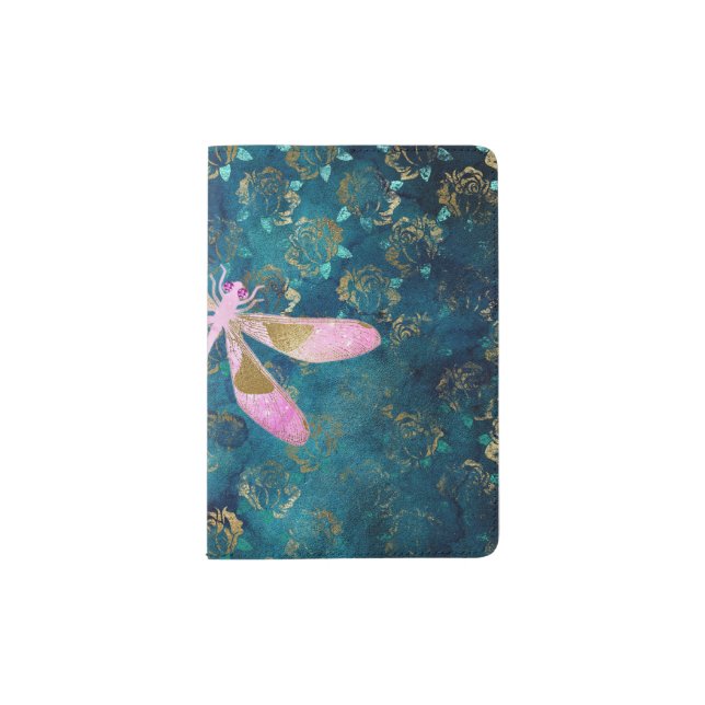 Rose Gold Dragonfly on Turquoise Floral Background Passport Holder (Front)