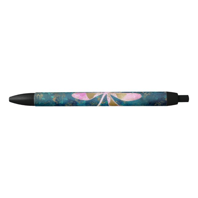 Rose Gold Dragonfly on Turquoise Floral Background Pen (Front)