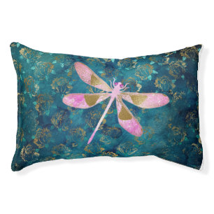 Rose Gold Dragonfly on Turquoise Floral Background Pet Bed