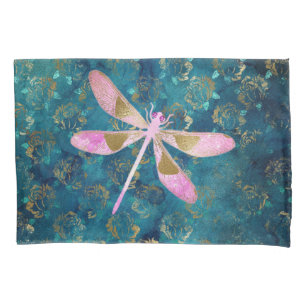 Rose Gold Dragonfly on Turquoise Floral Background Pillow Case
