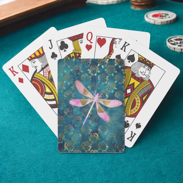 Rose Gold Dragonfly on Turquoise Floral Background Poker Cards (Creator Uploaded)