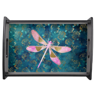 Rose Gold Dragonfly on Turquoise Floral Background Serving Tray