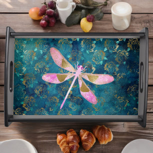 Rose Gold Dragonfly on Turquoise Floral Background Serving Tray