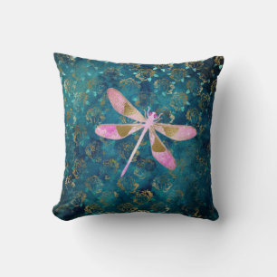 Rose Gold Dragonfly on Turquoise Floral Background Throw Pillow