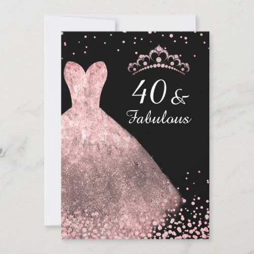 Rose Gold Dress Black 40  Fabulous 40th Birthday Invitation
