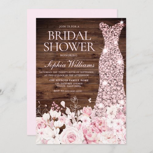 Rose Gold Dress Blush Flowers Rustic Bridal Shower Invitation