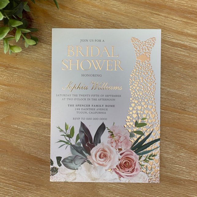 Rose Gold Dress Blush Pink Floral Bridal Shower Foil Invitation (Creator Uploaded)