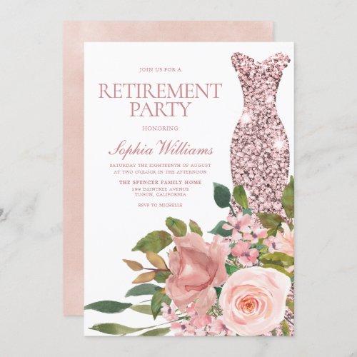 Rose Gold Dress Blush Pink Floral Retirement Party Invitation