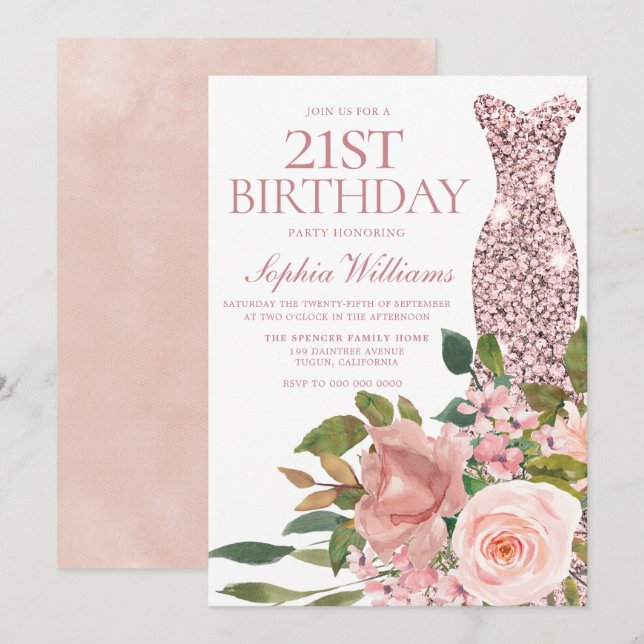 Rose Gold Dress Blush Pink Flowers 21st Birthday Invitation (Front/Back)