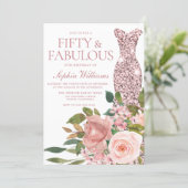 Rose Gold Dress & Blush Pink Flowers 50th Birthday Invitation (Standing Front)