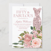 Rose Gold Dress & Blush Pink Flowers 50th Birthday Invitation (Front)