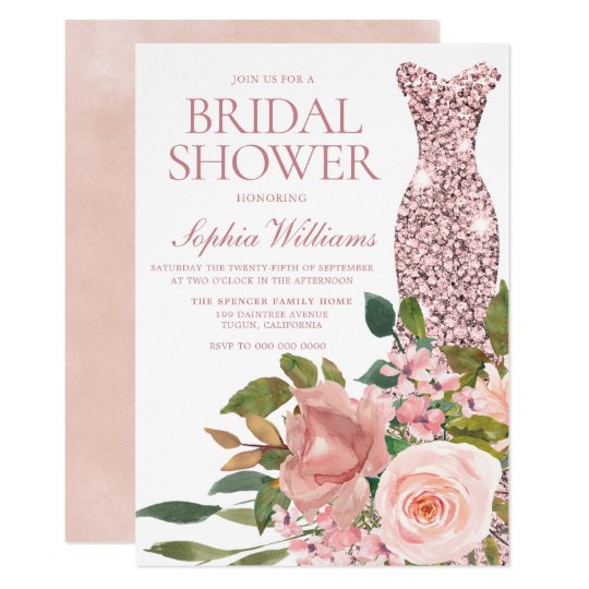 Rose Gold Dress & Blush Pink Flowers Bridal Shower Invitation | Zazzle.com