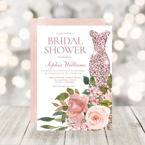 Rose Gold Dress  Blush Pink Flowers Bridal Shower Invitation