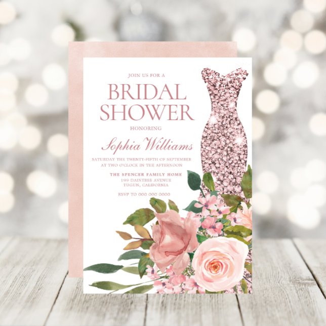 Rose Gold Dress & Blush Pink Flowers Bridal Shower Invitation