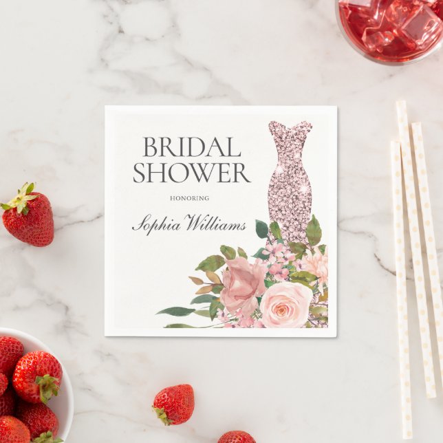 Rose Gold Dress & Blush Pink Flowers Bridal Shower Napkins (Insitu)