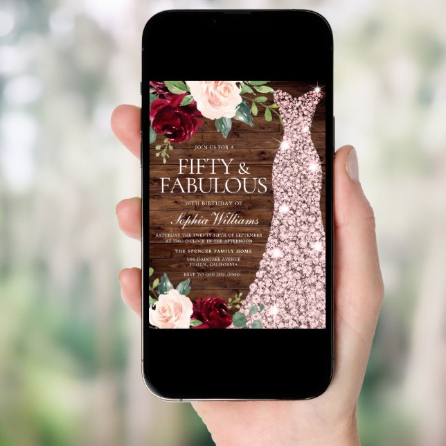 Rose Gold Dress Blush Rustic 50th Birthday Party Invitation (Front Digital)
