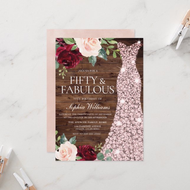 Rose Gold Dress Blush Rustic 50th Birthday Party Invitation