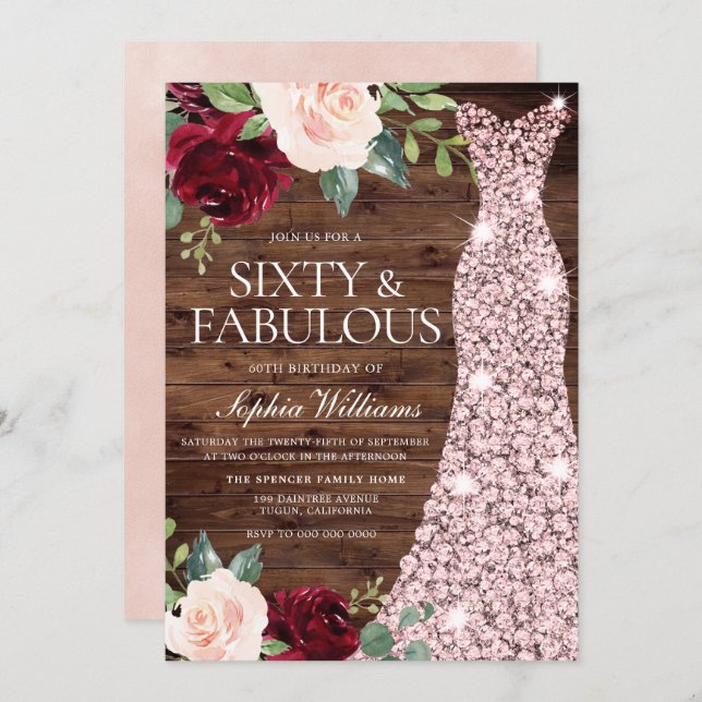 Rose Gold Dress Blush Rustic 60th Birthday Party Invitation (Front/Back)