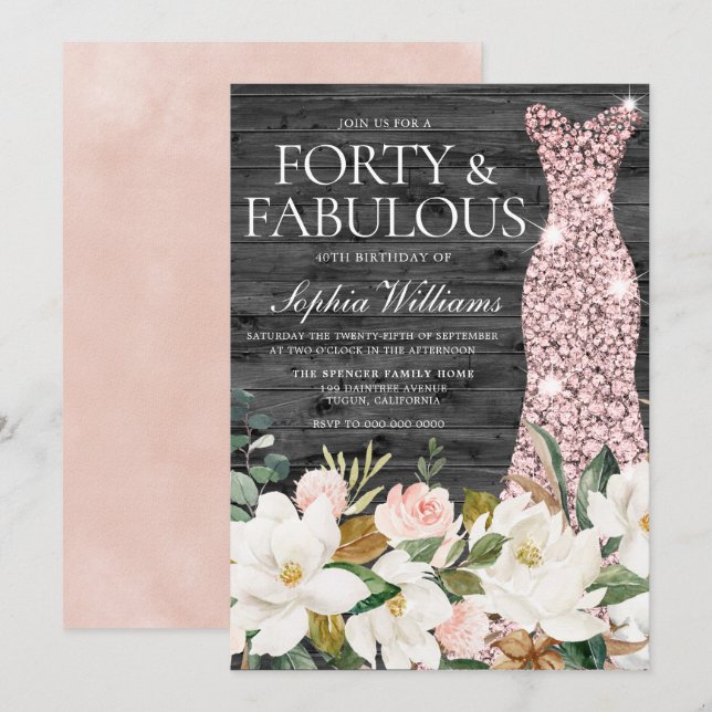 Rose Gold Dress Blush White Country 40th Birthday Invitation (Front/Back)