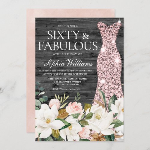 Rose Gold Dress Blush White Country 60th Birthday Invitation