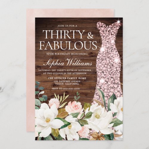 Rose Gold Dress Blush White Rustic 30th Birthday Invitation